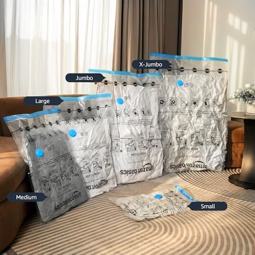 Amazon Basics Vacuum Storage Bags for Clothes, Space Saving Compression Storage Bags with Hand Pump, Heavy Duty, Stackable, Jumbo Size, Clear, 6-Pack - Image 7