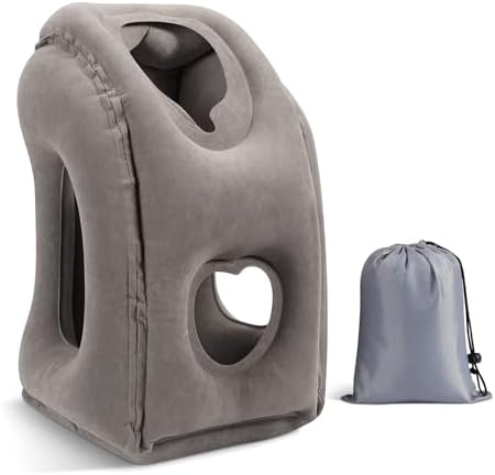 MoKo Inflatable Travel Pillow, Comfortable Neck Pillow with Storage Bag Support Shoulder and Neck to Avoid Pain for Airplane Train Office Car Travel Home, Gray