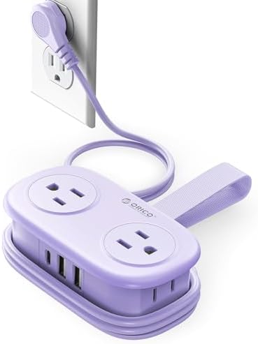 ORICO 4FT Purple Travel Power Strip with 4 AC Outlets, 2 USB-A Ports, and 1 USB-C Port, 45° Flat Plug Extension Cord with Non Surge Protector for Travel/Home/Dorm/Office-AP3