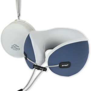 SKYTRAX COMF® Premium Ergonomic Memory Foam Travel Neck Pillow, Washable Cooling Ice Silk Cover, Firm Neck Support for Airplane Long Flights & Pain Relief, with Portable Carry Case (Navy Blue)