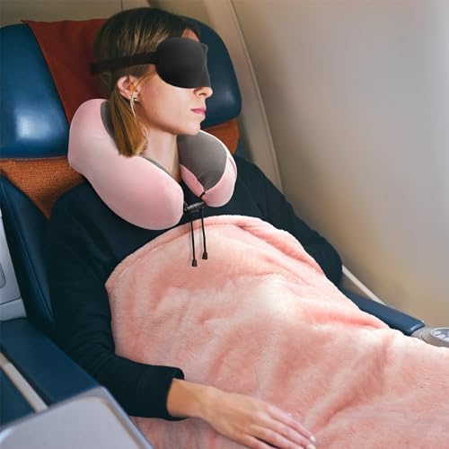 Travel Pillow and Blanket Set Neck Pillows Travel Essentials with Sleep Mask for Airplane Car Memory Foam Pink - Image 7