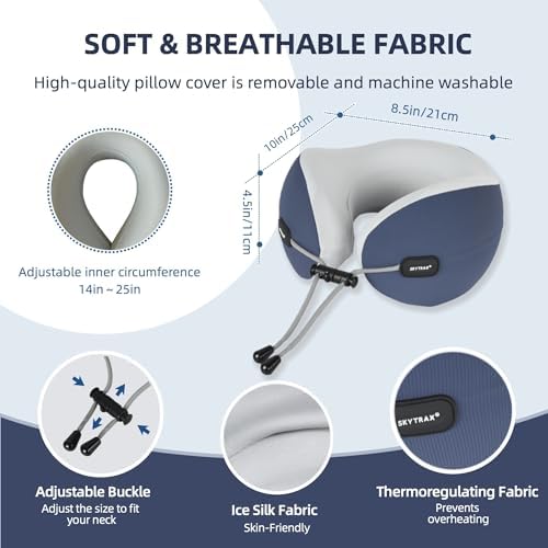 SKYTRAX COMF® Premium Ergonomic Memory Foam Travel Neck Pillow, Washable Cooling Ice Silk Cover, Firm Neck Support for Airplane Long Flights & Pain Relief, with Portable Carry Case (Navy Blue) - Image 6
