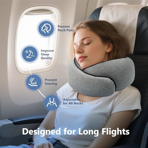 Travel Neck Pillow with 100% Pure Memory Foam, G-Shape, Includes Eye Mask & Ear Plugs, Ergonomic Design for Airplane, Car & Office, etc, Beige Gray - Image 3