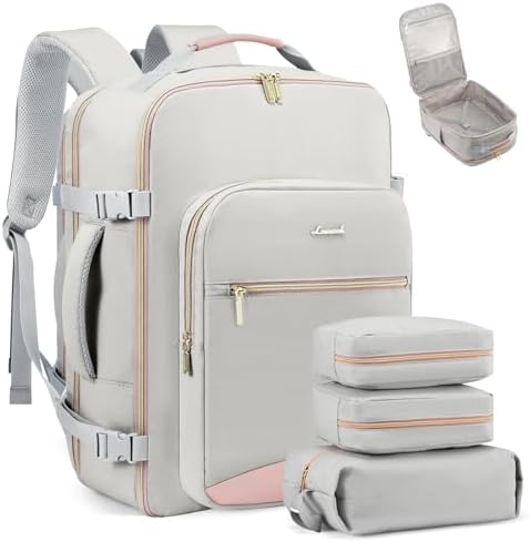 LOVEVOOK Travel Backpack for Women & Men 40L,Airline Approved Carry On Backpack Travel Essentials,TSA Carry on Luggage,Waterproof Personal Item Travel Bag,Suitcase with 3 Packing Cubes,Light gray-Pink - Image 11