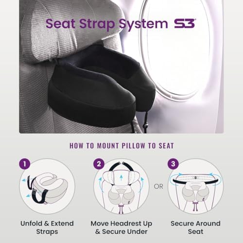 Cabeau Airplane Travel Pillow for Long Flights - Evolution S3 - Supportive Memory Foam with Seat Straps to Secure Your Head and Neck and Provides 360° Support (Jet Black) - Image 2
