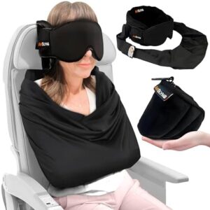 3-in-1 Airplane Sleep Support System - Integrated Plane Sleeping Accessories with Memory Foam Long Haul Flight Pillow, Adjustable Travel Eye Mask, and Blanket-Like Body Sling - Fits in Carry On