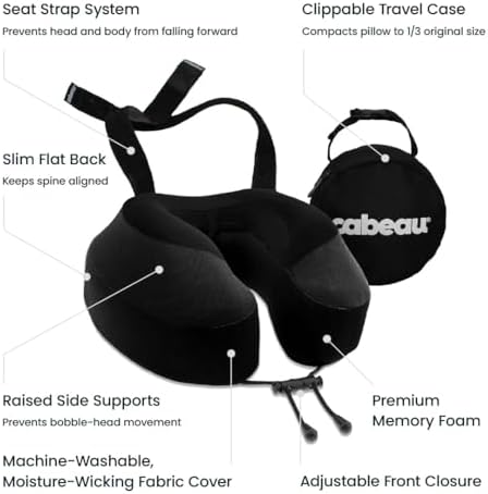 Cabeau Airplane Travel Pillow for Long Flights - Evolution S3 - Supportive Memory Foam with Seat Straps to Secure Your Head and Neck and Provides 360° Support (Jet Black) - Image 3