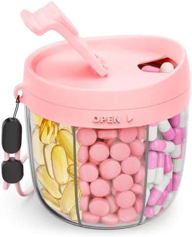 Cute Pill Dispenser with 7 Compartments, Pill Bottle Organizer with Anti-Mix Design, Portable Pill Organizer for Travel with Wide Mouth for Easy Access, BPA-Free Patented Pill Container, Pink