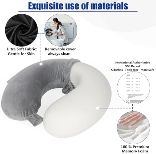 SAIREIDER Travel Pillows for Sleeping Airplane 100% Pure Memory Foam Neck Pillow for Airplanes Washable Cover(Grey) - Image 4