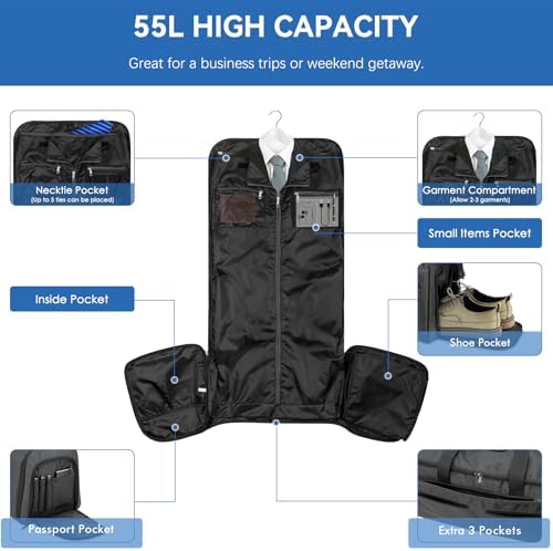 Garment Duffle Bags for Travel, Bukere Convertible Carry on Garment Duffel Bag for Men Women, Shoe Compartment, 2 in 1 Hanging Dress Suitcase Suit Travel Bags, Midnight Grey - Image 4