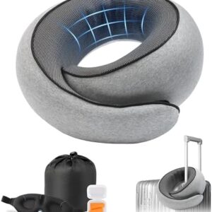 Travel Neck Pillow with 100% Pure Memory Foam, G-Shape, Includes Eye Mask & Ear Plugs, Ergonomic Design for Airplane, Car & Office, etc, Beige Gray