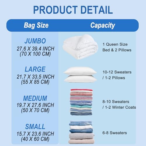 Vacuum Storage Bags with Hand Pump, Plastic Packaging Bags, 80% Space Saver Vacuum Seal Bags for Clothing, Travel Lugggage, Blankets, Comforters, 20 Combo - Image 5