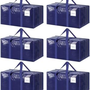 6 Pack Extra Heavy Duty Large Moving Bags with Strong Zipper & Comfortable Handles, Sturdy & Durable Clothes Storage Bags Totes Bins, Blue Packing Moving Boxes for College Supplies, Dark Blue