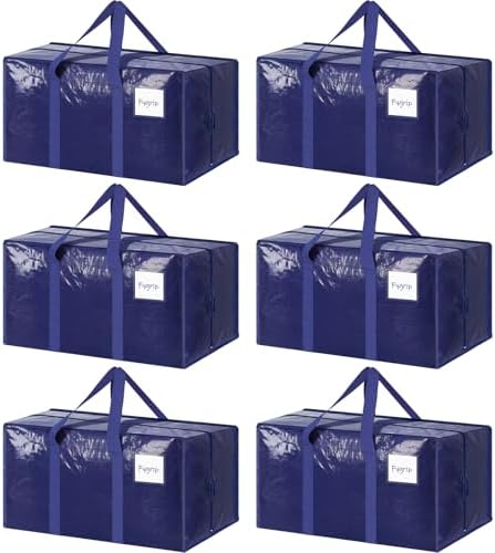6 Pack Extra Heavy Duty Large Moving Bags with Strong Zipper & Comfortable Handles, Sturdy & Durable Clothes Storage Bags Totes Bins, Blue Packing Moving Boxes for College Supplies, Dark Blue