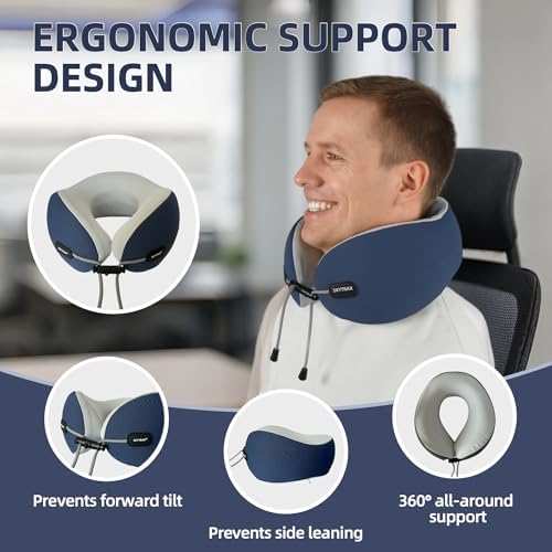 SKYTRAX COMF® Premium Ergonomic Memory Foam Travel Neck Pillow, Washable Cooling Ice Silk Cover, Firm Neck Support for Airplane Long Flights & Pain Relief, with Portable Carry Case (Navy Blue) - Image 2