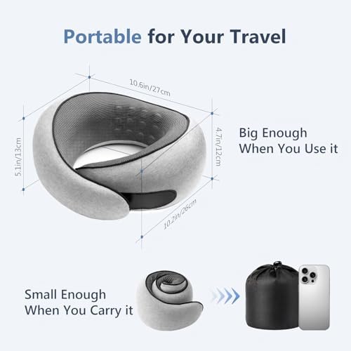 Travel Neck Pillow with 100% Pure Memory Foam, G-Shape, Includes Eye Mask & Ear Plugs, Ergonomic Design for Airplane, Car & Office, etc, Beige Gray - Image 6