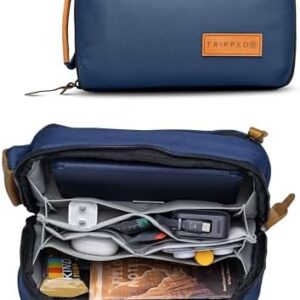 TRIPPED Travel Gear Tech Bag Organizer - Small Electronics Organizer Pouch for Travel - Premium Travel Case with Leather Accents - Mesh Pocket for Cables, Cords and Chargers (Navy)