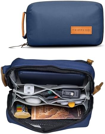 TRIPPED Travel Gear Tech Bag Organizer - Small Electronics Organizer Pouch for Travel - Premium Travel Case with Leather Accents - Mesh Pocket for Cables, Cords and Chargers (Navy)