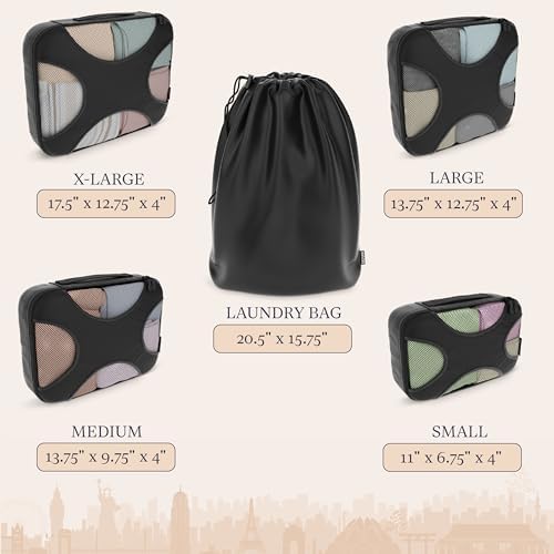 Shacke Premium 5 Packing Cubes Set - Lightweight Mesh Travel Luggage Organizers with Laundry Bag, 5-Piece Suitcase Storage System (Black) - Image 4