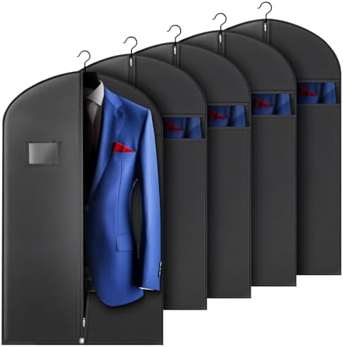 5 Pack 40-inch Suit Bag Garment Bag for Travel and Storage, Garment Bags for Hanging Clothes with Zipper and Visible Transparent Window, Black