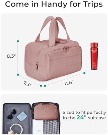 BAGSMART Travel Toiletry Bag, Lightweight Large Wide-open Travel Bag for Women, Puffy Cosmetic Makeup Bag Organizer with Handle for Accessories,Essentials, Toiletries, Dark Pink - Image 5