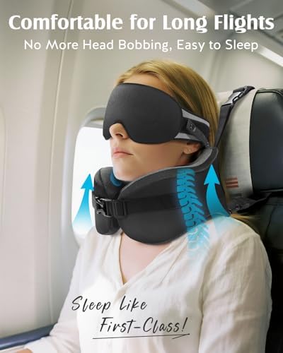 YFONG Travel Pillow for Long Flight Airplanes, Head Strap Combo with 3D Contoured Eye Mask for Sleep, Neck Pillow for Car Trip Essential, 360° Support Memory Foam Headrest, Prevent Head Bobbing, Black - Image 2