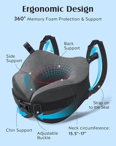 YFONG Travel Pillow for Long Flight Airplanes, Head Strap Combo with 3D Contoured Eye Mask for Sleep, Neck Pillow for Car Trip Essential, 360° Support Memory Foam Headrest, Prevent Head Bobbing, Black - Image 5