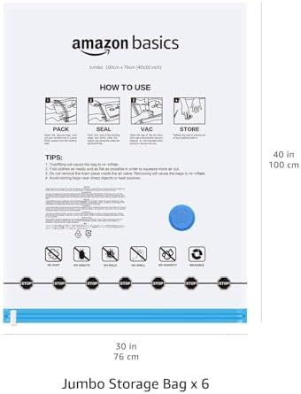 Amazon Basics Vacuum Storage Bags for Clothes, Space Saving Compression Storage Bags with Hand Pump, Heavy Duty, Stackable, Jumbo Size, Clear, 6-Pack - Image 6