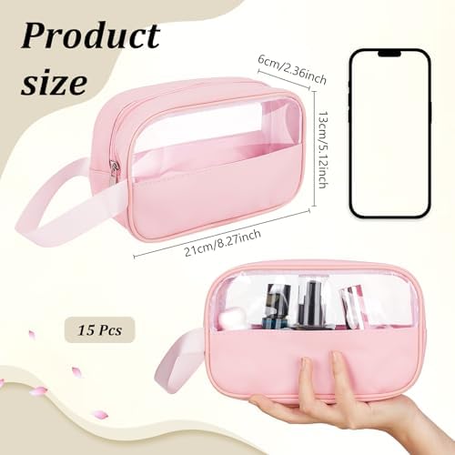 15Pcs Clear Makeup Bag, Portable Travel Toiletry Cosmetic Bag Case for Women Translucent Makeup Toiletry Bags Travel Pouch for Travel Essentials Toiletries Accessories, Pink - Image 2
