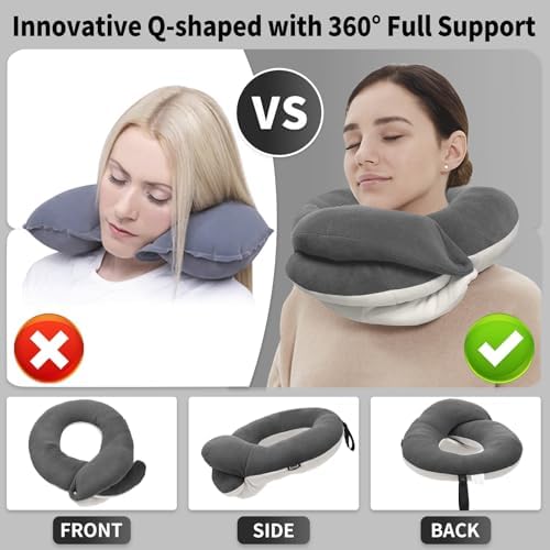 BUYUE Travel Neck Pillows for Airplanes, 360° Head Support Sleep for Long Flight, Skin-Friendly & Breathable, Kit with 3D Contoured Eye Mask, Earplugs and Storage Bag (Adult, Grey, 90+ lbs) - Image 3