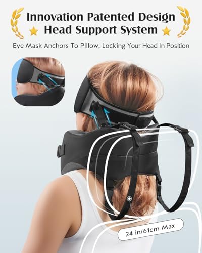 YFONG Travel Pillow for Long Flight Airplanes, Head Strap Combo with 3D Contoured Eye Mask for Sleep, Neck Pillow for Car Trip Essential, 360° Support Memory Foam Headrest, Prevent Head Bobbing, Black - Image 3