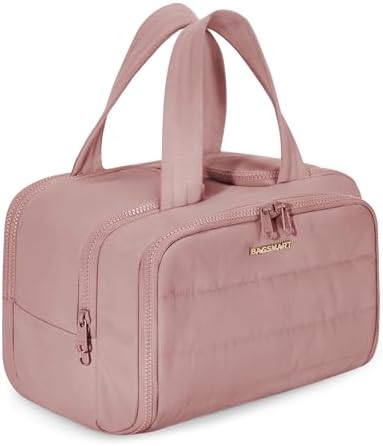 BAGSMART Travel Toiletry Bag, Lightweight Large Wide-open Travel Bag for Women, Puffy Cosmetic Makeup Bag Organizer with Handle for Accessories,Essentials, Toiletries, Dark Pink