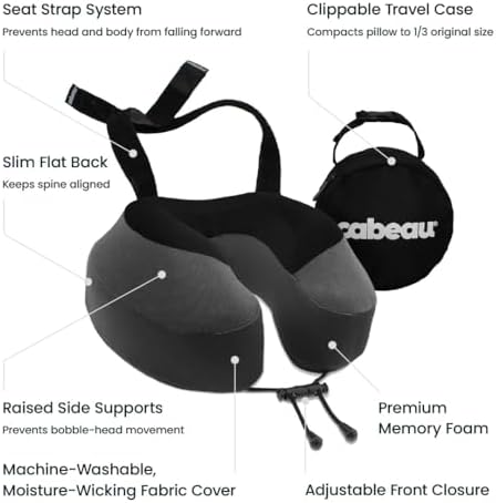 Cabeau Airplane Travel Pillow for Long Flights - Evolution S3 - Supportive Memory Foam with Seat Straps to Secure Your Head and Neck and Provides 360° Support (Steel Grey) - Image 3