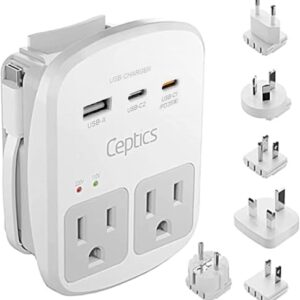 Ceptics 35W Universal Travel Adapter Kit – 2 USA sockets, USB-A, USBC, 1x PD 35W USB-C and USBC Cable, Surge Protected, Plugs for EU, UK, China, AU, Japan - for Laptop, Phone, Camera-ETL Tested