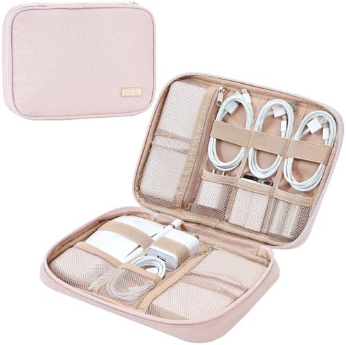 NISHEL Travel Cord Organizer Case, Tech Electronic Bag, Essentials for Charger, Cable, Phone, Hard Drive, USB, SD Card, Pink