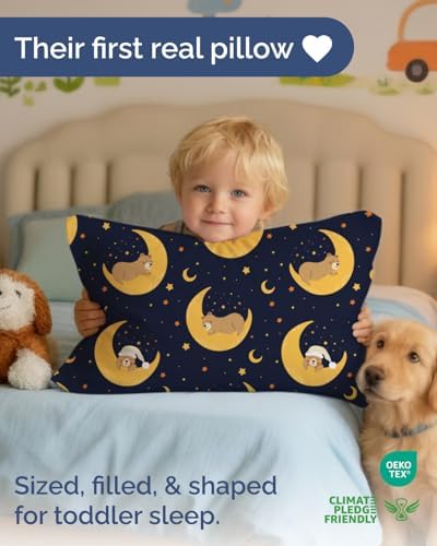 Toddler Pillow with Bear Pillowcase - 13x18 Small Kids Pillow for Sleeping, Travel, Car, Nursery & Toddler Bed - Fluffy, Soft and Breathable - Ideal for Crib & Cot - Machine Washable - Ages 2 and Up - Image 2