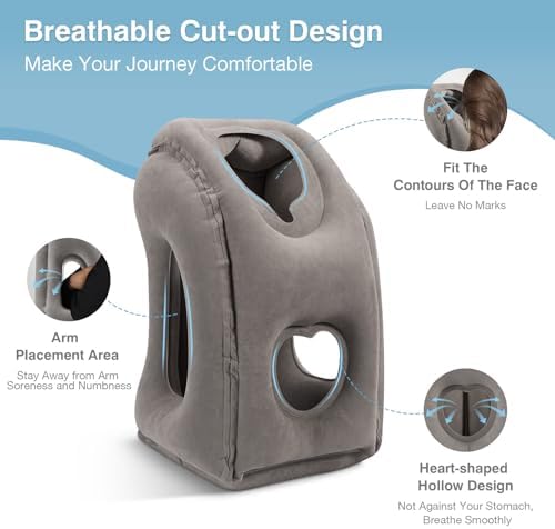 MoKo Inflatable Travel Pillow, Comfortable Neck Pillow with Storage Bag Support Shoulder and Neck to Avoid Pain for Airplane Train Office Car Travel Home, Gray - Image 3