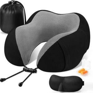 CloudBliss Travel Pillow Premium Memory Foam, Comfortable & Supportive Neck Pillow, Sleeping Neck Pillows for Travel, Airplane Pillow for Sleeping Airplane, Car, Office and Home（Black）