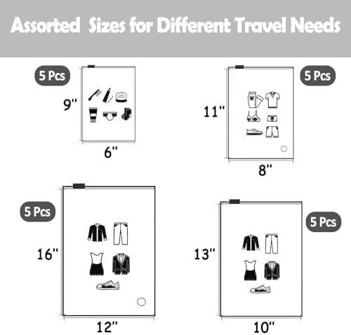 (20 pcs Value Pack) Travel Luggage Organizer Bags, Assorted Sizes, 4Mil Resealable Slider Zip Plastic Clothing Packaging, Frosted Travel/Home Storage and organizing Pouches, Space Saver Bag - Image 2