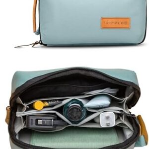 Tech Bag Organizer - Small Electronics Organizer Pouch for Travel - Premium Travel Case with Leather Accents - Mesh Pocket for Cables, Cords and Chargers (Dusty Teal)