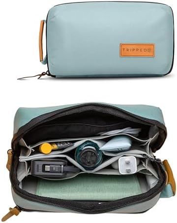 Tech Bag Organizer - Small Electronics Organizer Pouch for Travel - Premium Travel Case with Leather Accents - Mesh Pocket for Cables, Cords and Chargers (Dusty Teal)