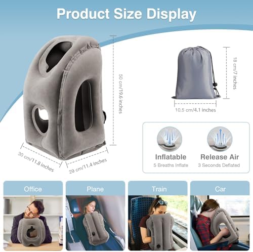 MoKo Inflatable Travel Pillow, Comfortable Neck Pillow with Storage Bag Support Shoulder and Neck to Avoid Pain for Airplane Train Office Car Travel Home, Gray - Image 6