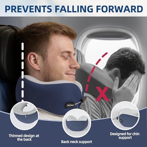 SKYTRAX COMF® Premium Ergonomic Memory Foam Travel Neck Pillow, Washable Cooling Ice Silk Cover, Firm Neck Support for Airplane Long Flights & Pain Relief, with Portable Carry Case (Navy Blue) - Image 4