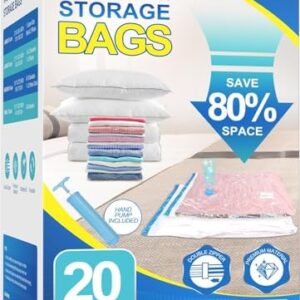 Vacuum Storage Bags with Hand Pump, Plastic Packaging Bags, 80% Space Saver Vacuum Seal Bags for Clothing, Travel Lugggage, Blankets, Comforters, 20 Combo