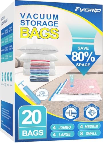 Vacuum Storage Bags with Hand Pump, Plastic Packaging Bags, 80% Space Saver Vacuum Seal Bags for Clothing, Travel Lugggage, Blankets, Comforters, 20 Combo