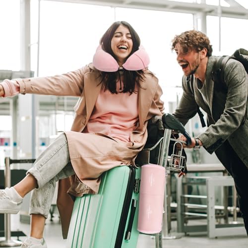 Travel Pillow and Blanket Set Neck Pillows Travel Essentials with Sleep Mask for Airplane Car Memory Foam Pink - Image 5