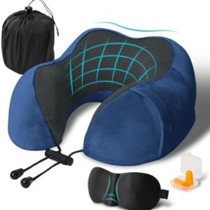 Travel Pillow, Memory Foam Neck Pillow for Traveling, U Shape Neck Pillow Airplane Portable Flight Pillow Travel Kit with 5D Contoured Eye Masks and Earplug for Plane Train Car Home Office - Blue