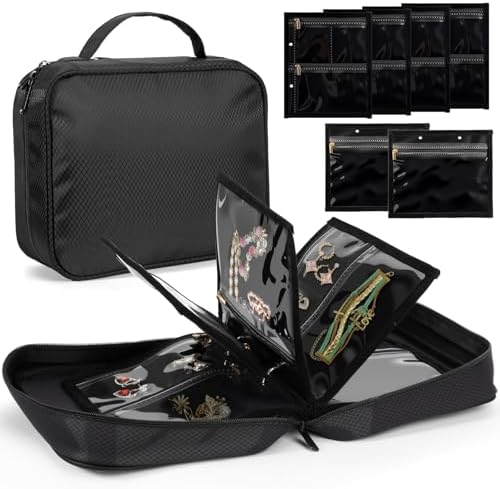 sanipoe Jewelry Organizers and Storage, Jewelry Case Organizer with 28 Pcs Clear Zipper Velvet Pouches, Jewelry Organizer Bag for Traveling Necklace, Earrings, Rings, Bangle, Bracelet and Watch