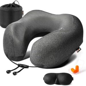 MLVOC Neck Pillow for Traveling, Upgraded 100% Pure Memory Foam Travel Neck Pillow for Airplane Flight Sleep, Breathable & Machine Washable Cover, Travel Kit with 3D Eye Mask, Earplugs & Bag, Black