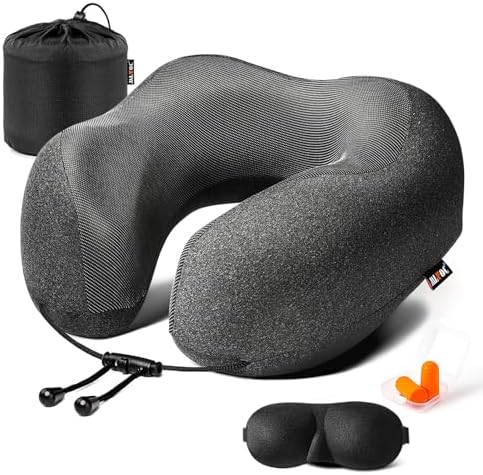 MLVOC Neck Pillow for Traveling, Upgraded 100% Pure Memory Foam Travel Neck Pillow for Airplane Flight Sleep, Breathable & Machine Washable Cover, Travel Kit with 3D Eye Mask, Earplugs & Bag, Black